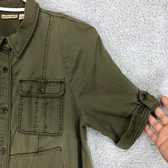 Holding Horses Fit and Flare Shirt Dress Size 8 Olive Green Lyocell - Picture 6 of 15